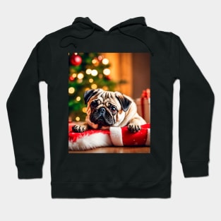 Pug Dog by Christmas Tree with Gifts Hoodie